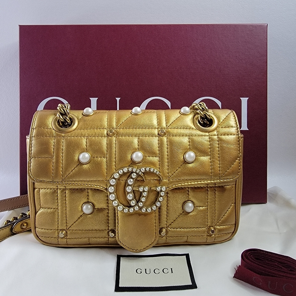 GUCCI GG Marmont Pearl Studs Quilted Crossbody/Shoulder Bag